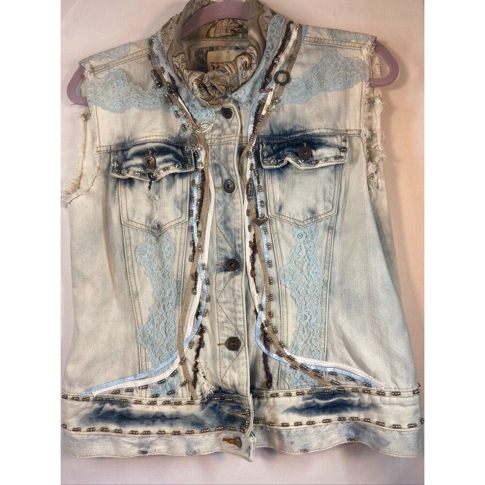 MUDD JUNIORS XLARGE DENIM VEST LACE SEQUINS BEADS BOHO HIPPIE HANDMADE - Picture 5 of 6